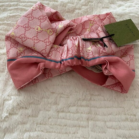 Gucci GG Print With Horsebit Silk Headband 'Pink/Sky Blue' - Picture 4 of 4